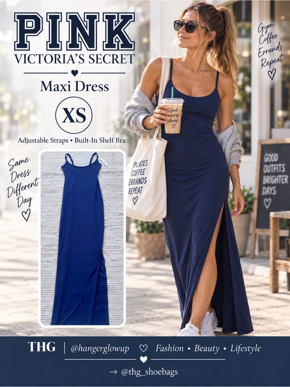 PINK Ultimate Maxi Slip Dress NWT XS Navy Blue Built-In Shelf Bra 2nd Pic BEST C